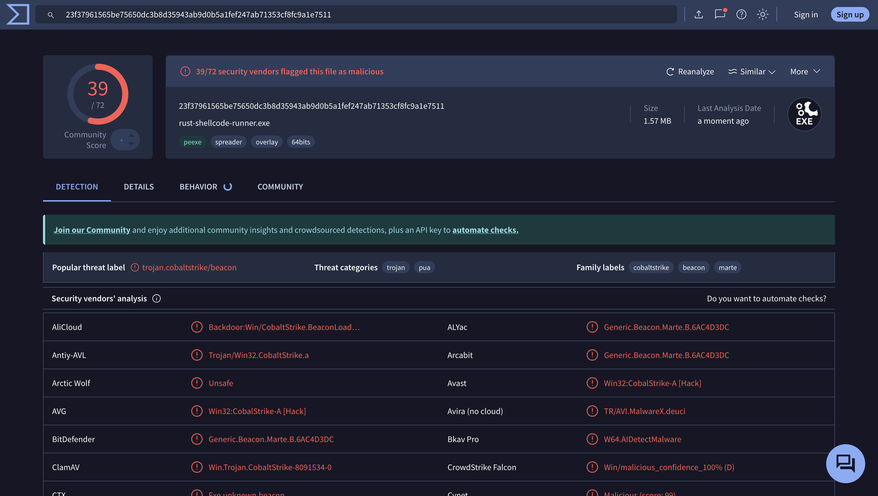 rust-shellcode-runner.exe Virus Total Results