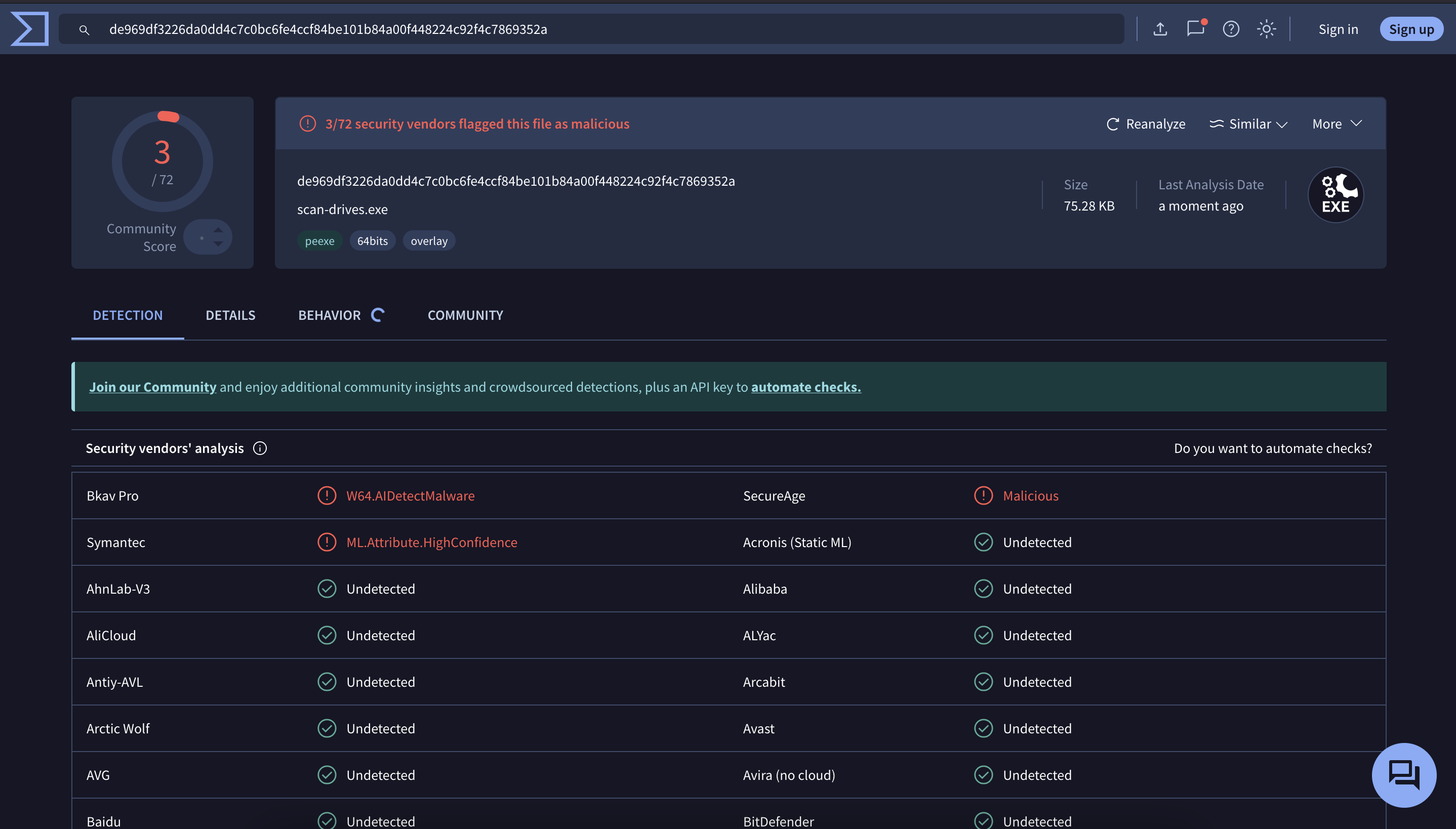 scan-drives.exe Virus Total Results