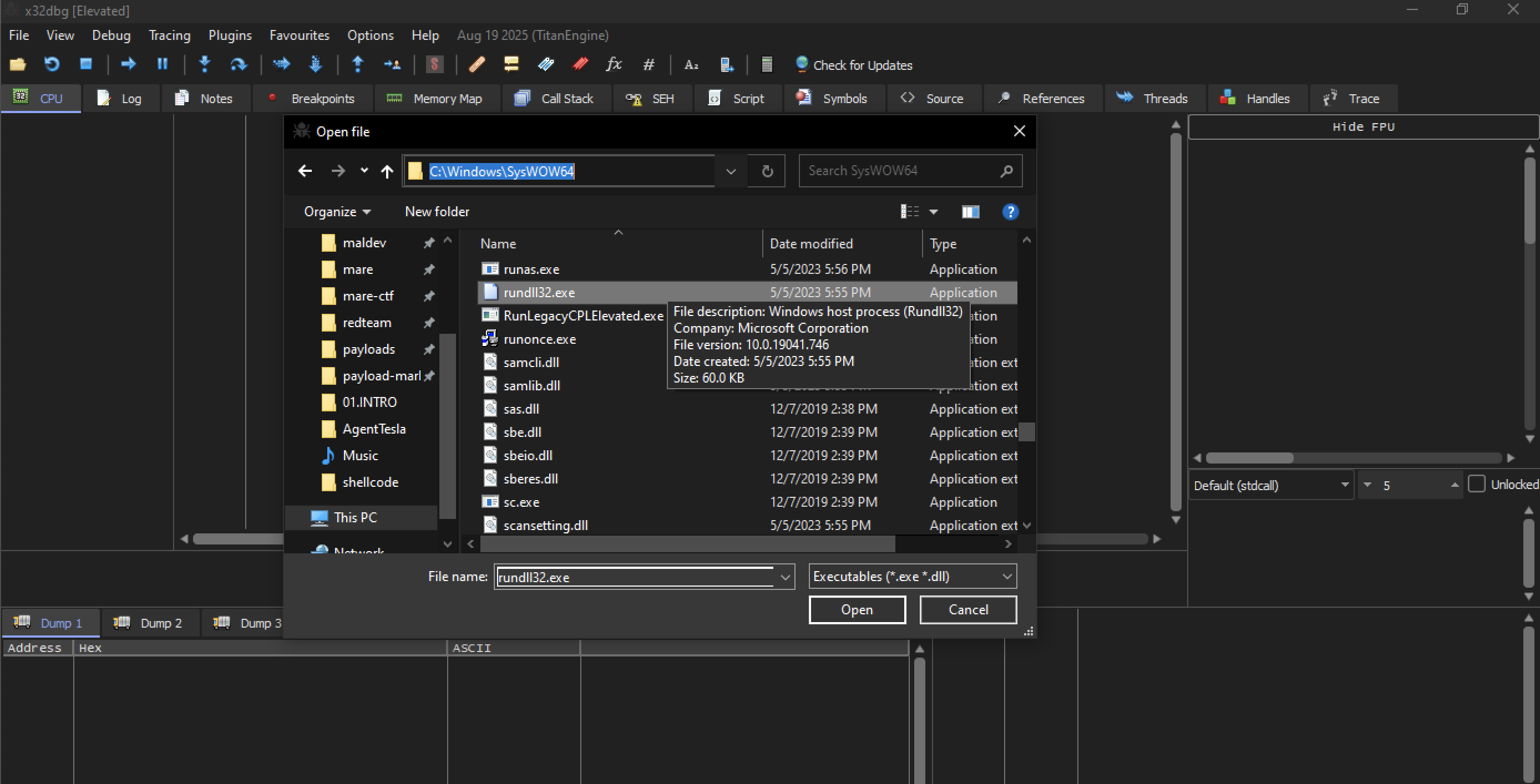 Fig 5 - loading rundll32 in x32dbg