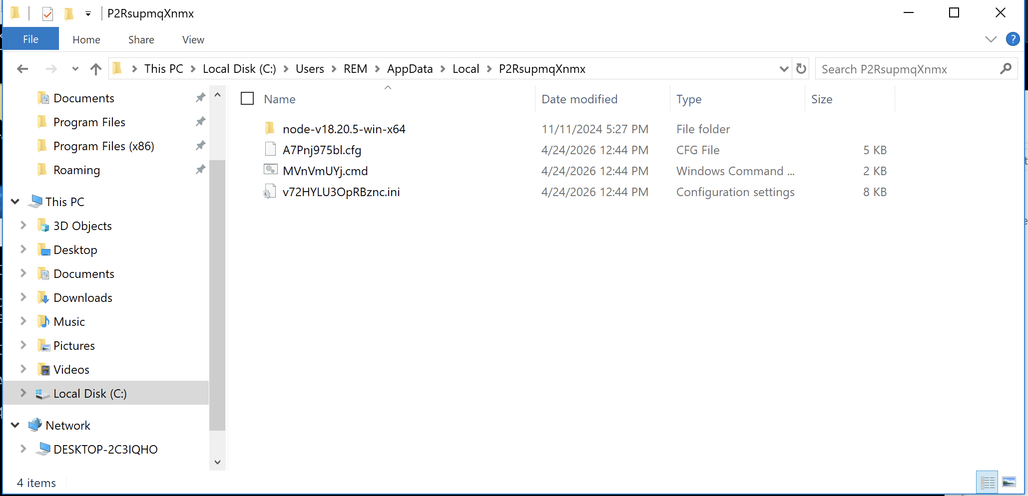 File explorer C:\Users\REM\AppData\Local\P2RsupmqXnmx directory conatining 1 folder of nodejs and 3 files.