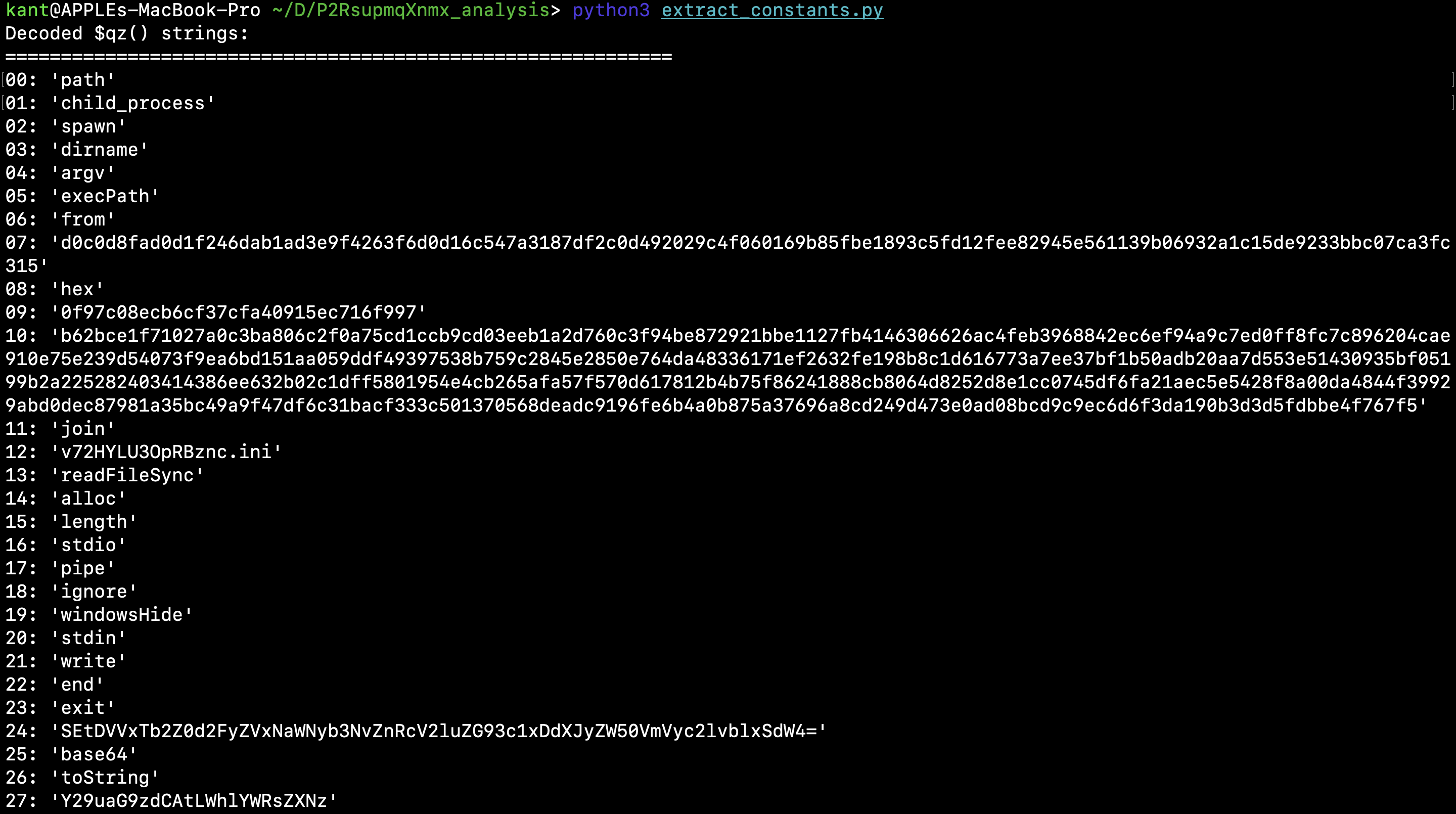 *Execution of `extract_constants.py` recovering the obfuscated strings and decryption constants.*