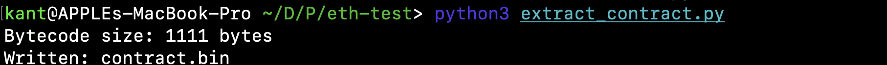 running the extract_contract.py - Retrieval and extraction of the 1,111-byte Ethereum smart-contract runtime bytecode.