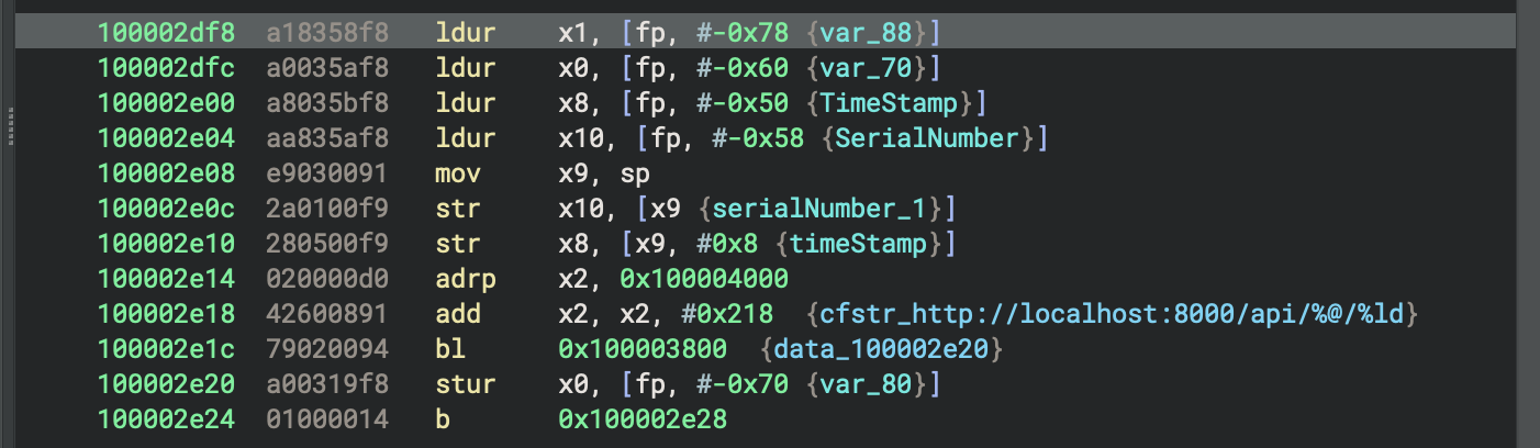 disassembly of **`0x100002df8`**