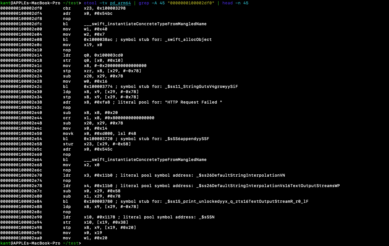 Disassembly of the error handler showing string formatting and console output