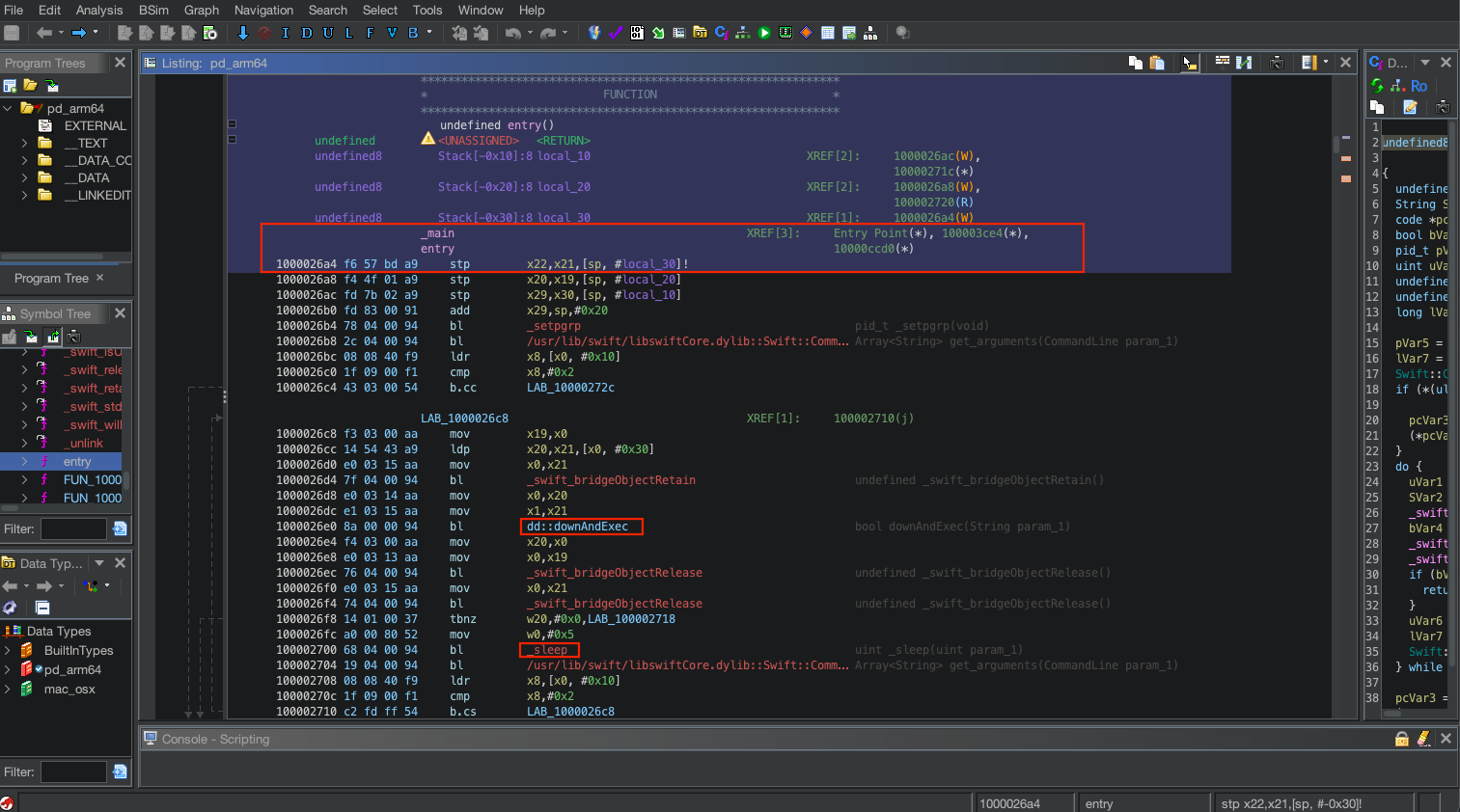 Ghidra listing view showing resolved Swift symbols at the entry point