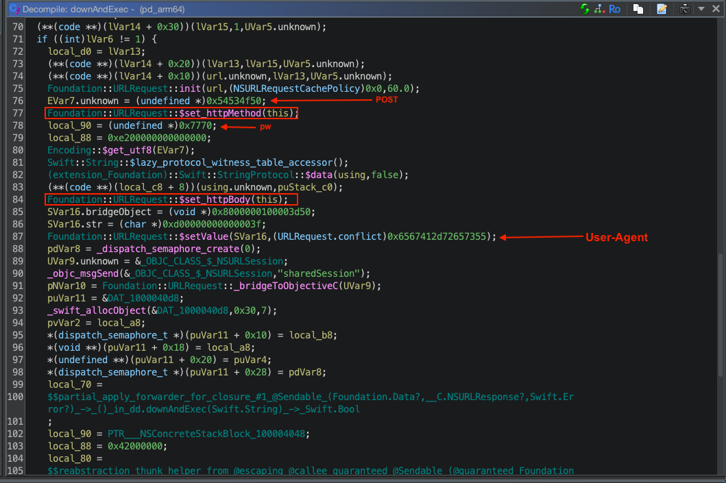 Ghidra decompilation showing HTTP method and header configuration