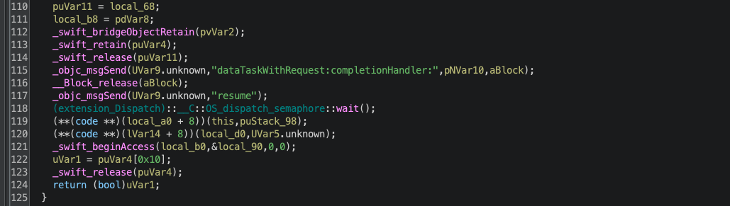 Ghidra decompilation showing asynchronous data task and semaphore wait