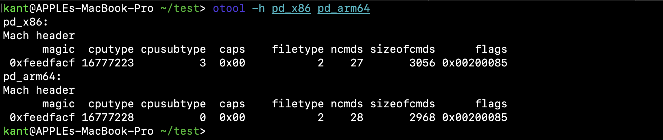 otool output of both the binaries