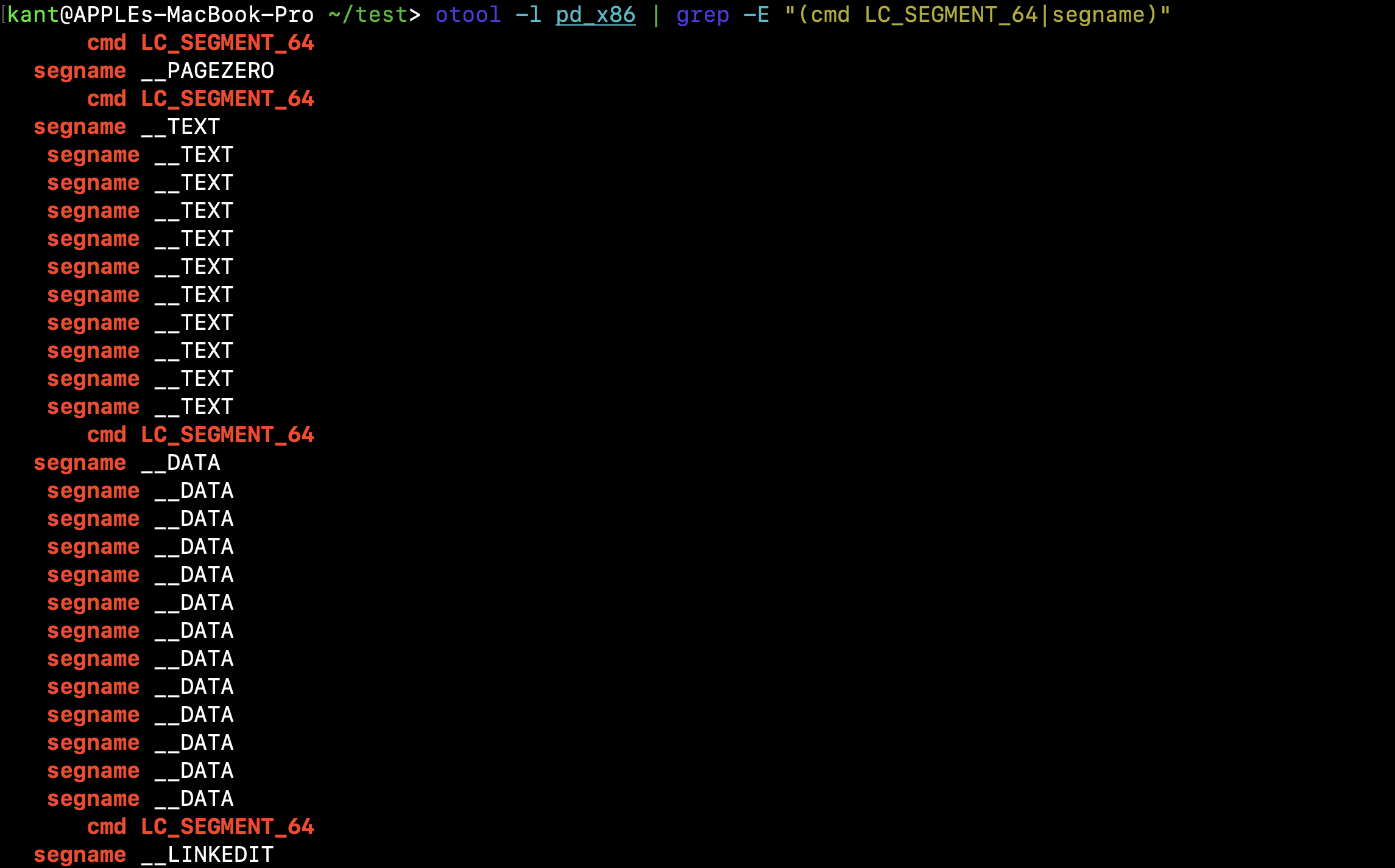 otool -l pd_x86 | grep -E "(cmd LC_SEGMENT_64|segname)”
