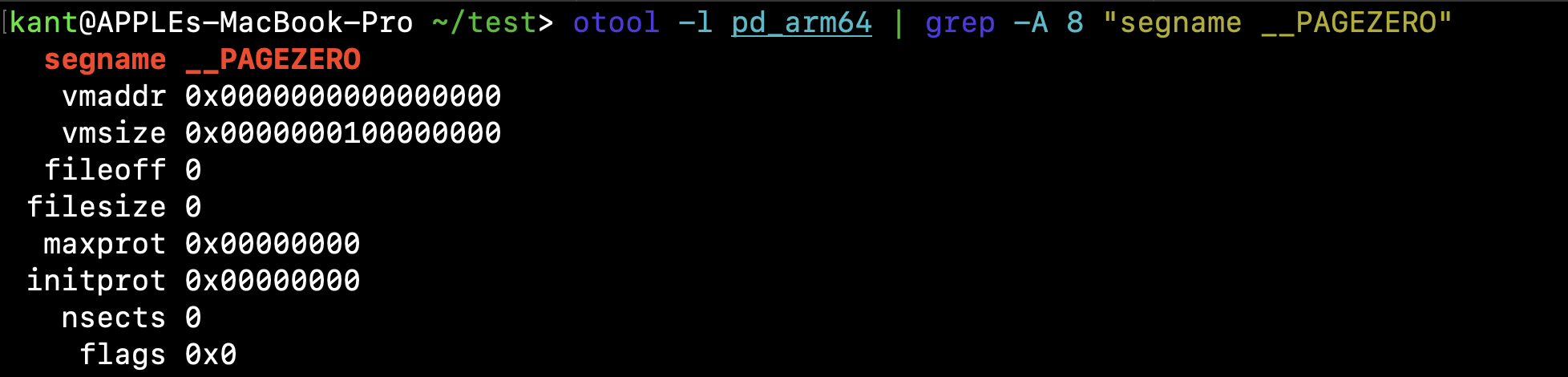 otool -l pd_arm64 | grep -A 8 "segname __PAGEZERO”