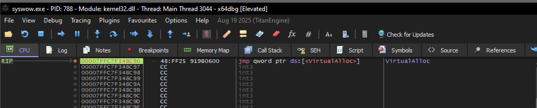 Fig 4 - hitting the breakpoint VirtualAlloc