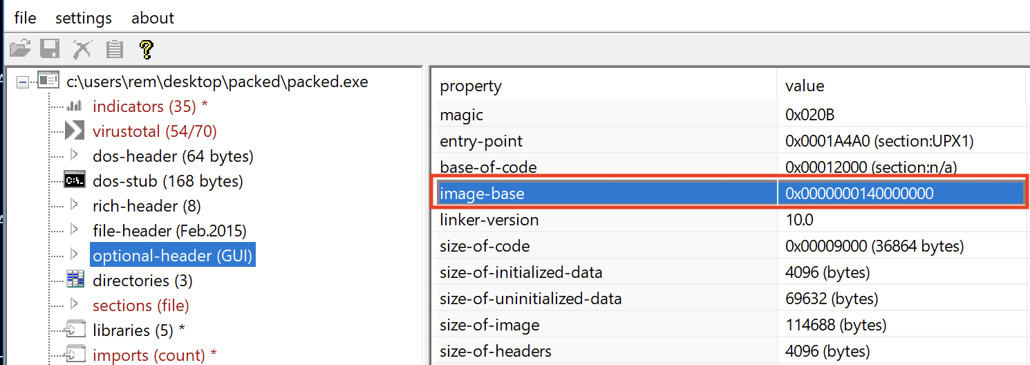 Image base in pestudio