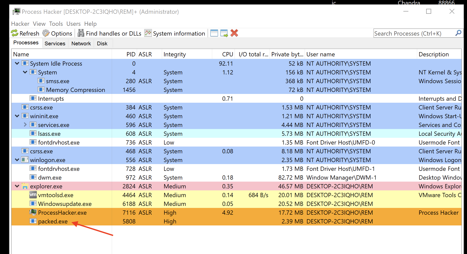 Process hacker - packed.exe running