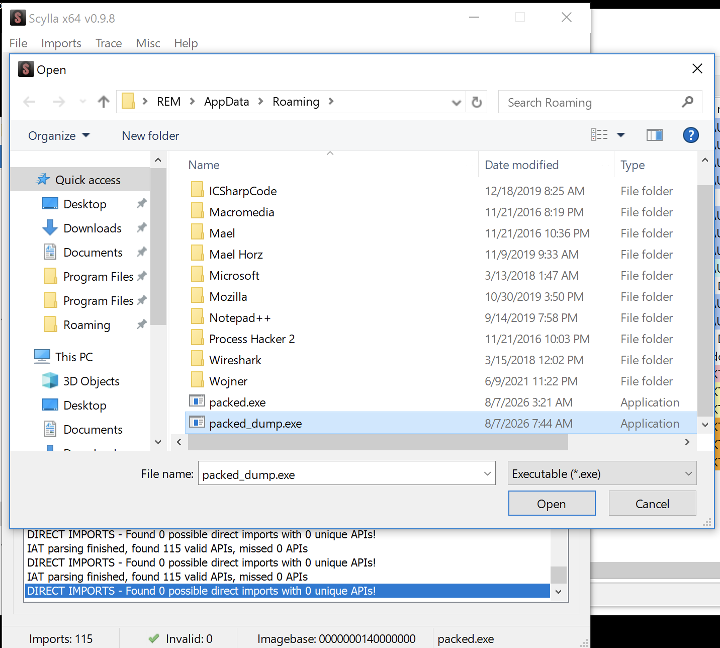 selecting the **`packed_dump.exe` program to fix the dump.**