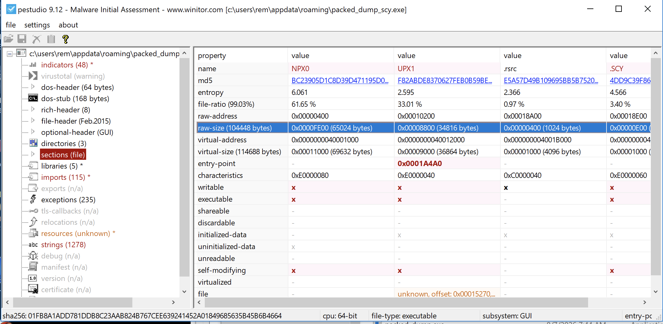 packed_dump_SCY.exe in pestudio showing the raw size is 0x0000FE00 (65024 bytes)