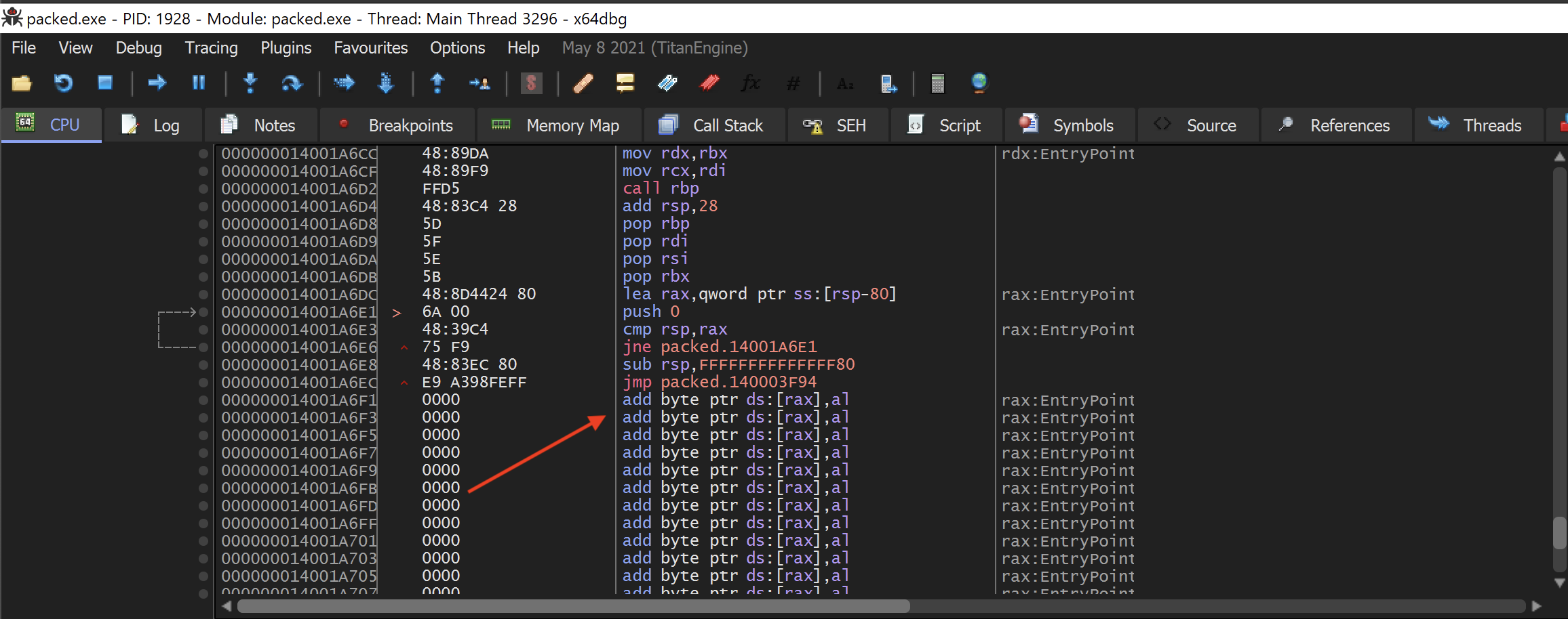 place where the code is changing in x64 dbg.