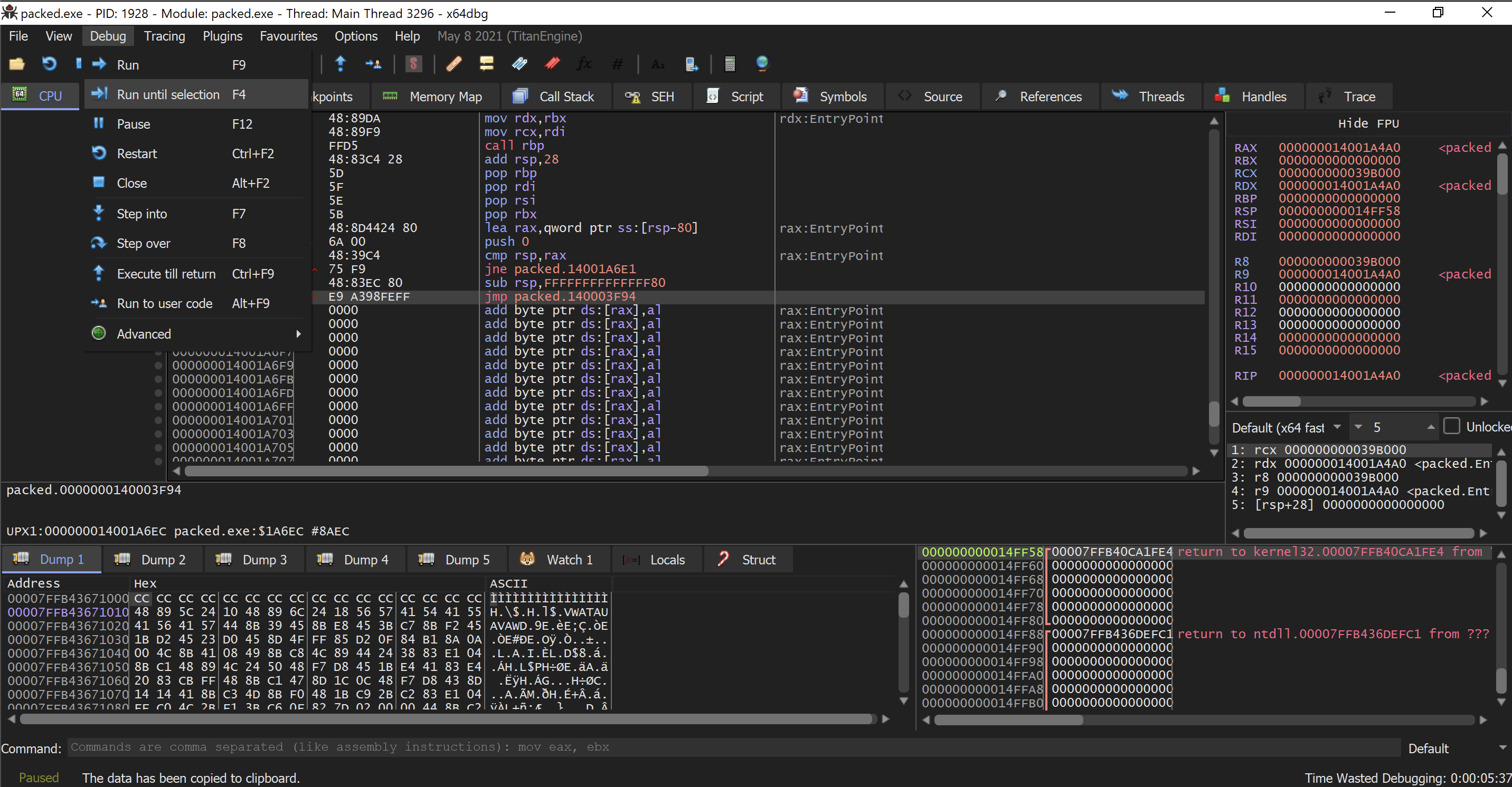 Highlighting the jump instruction then debug the select run until selection.