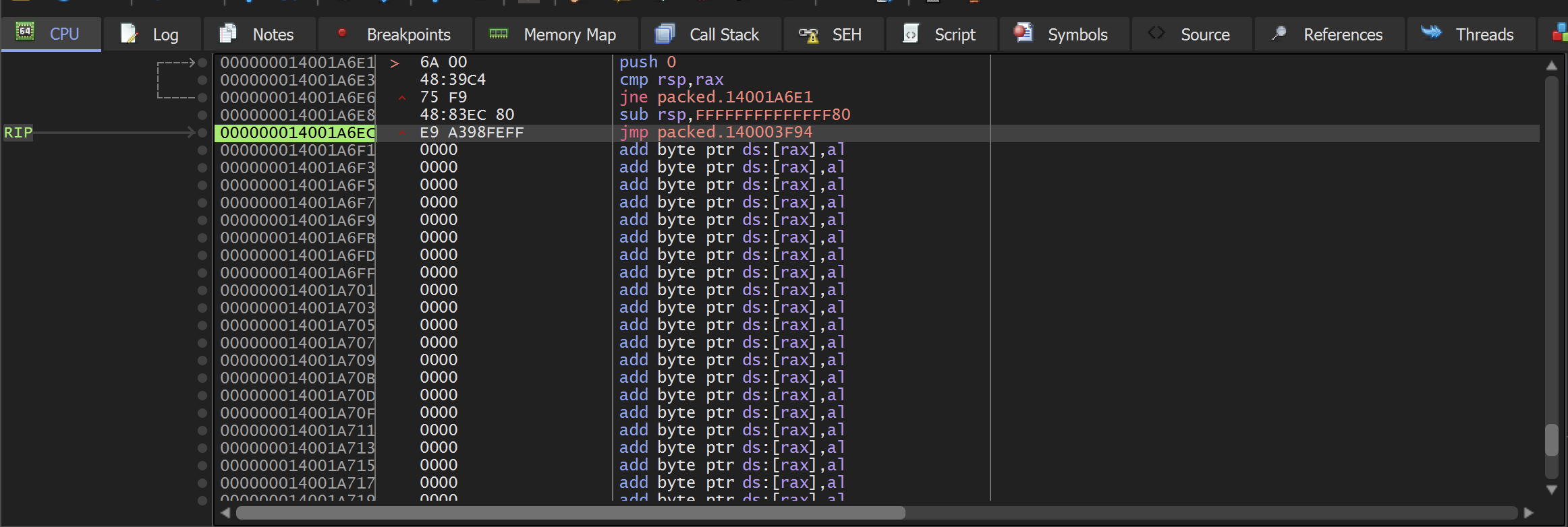 RIP at the jump instruction jmp packed.140003F94
