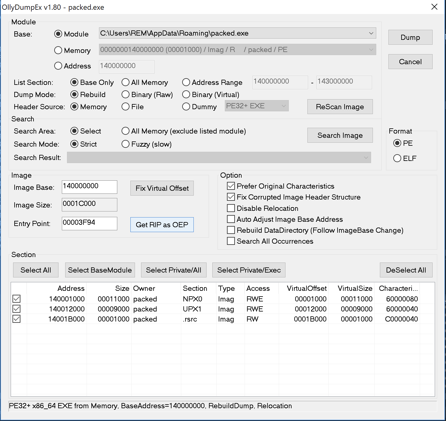 clicked Get RIP as OEP changed to 00003F94