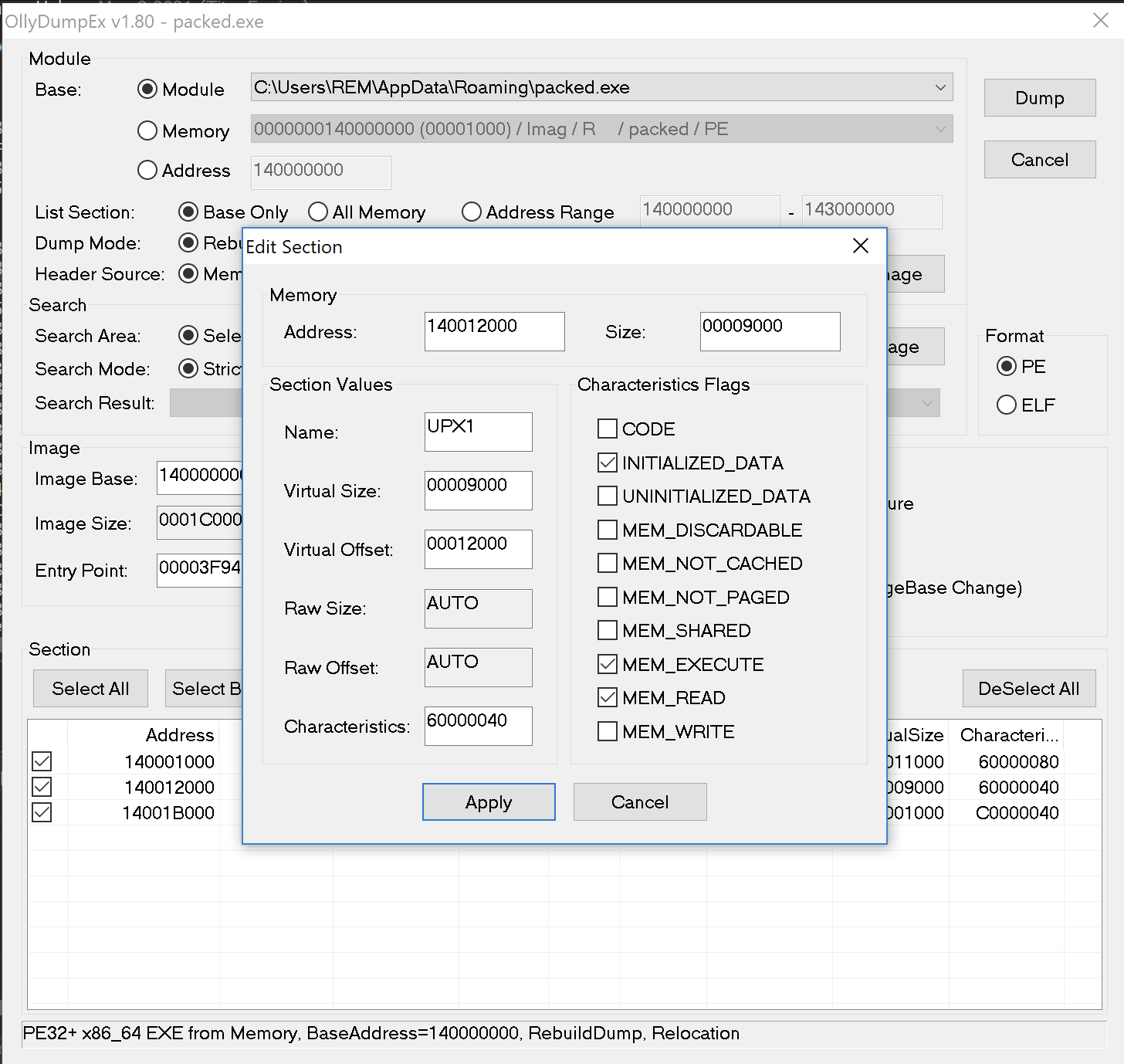 Edit Section window