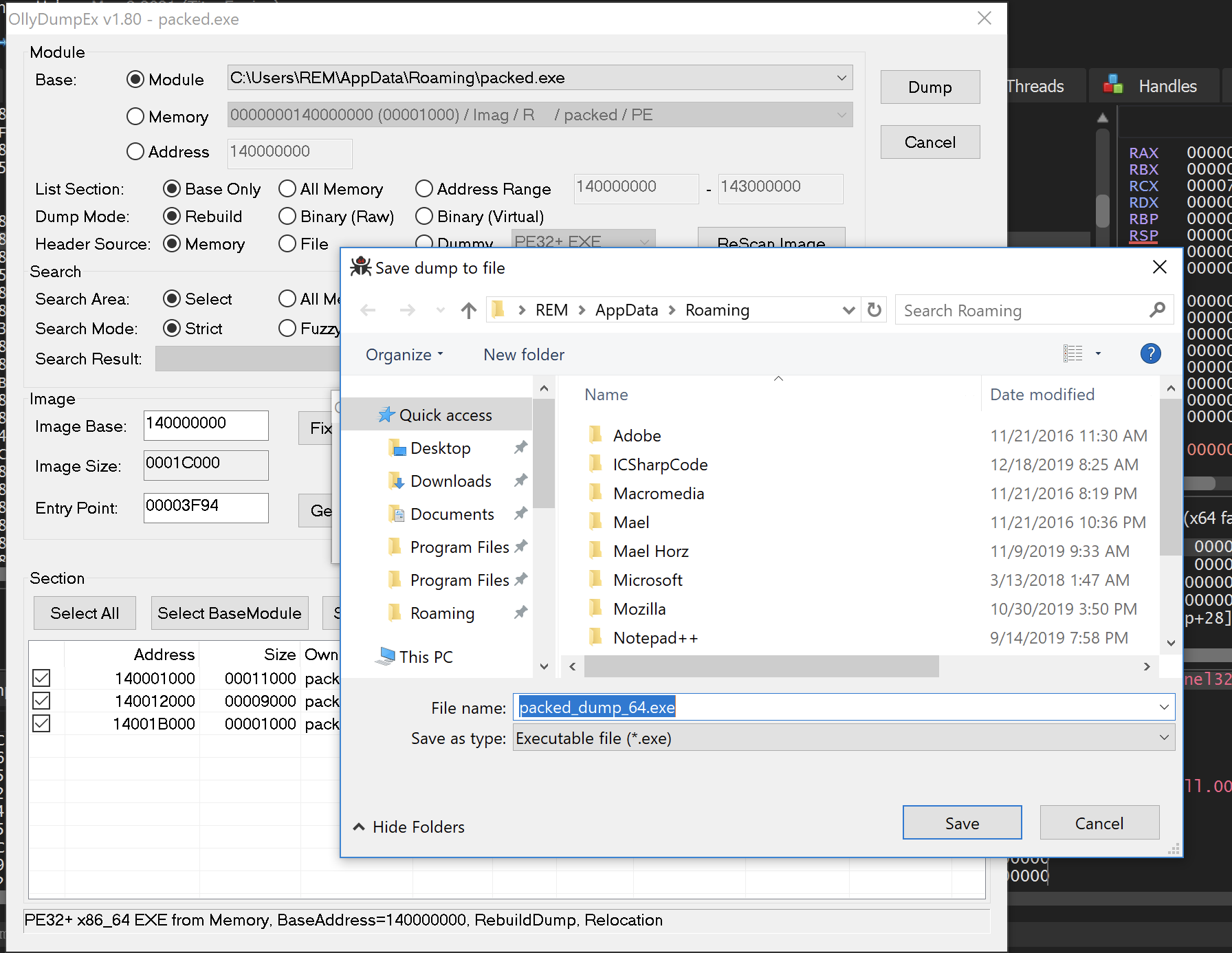 Dumping and saving the file named: packed_dump_64.exe