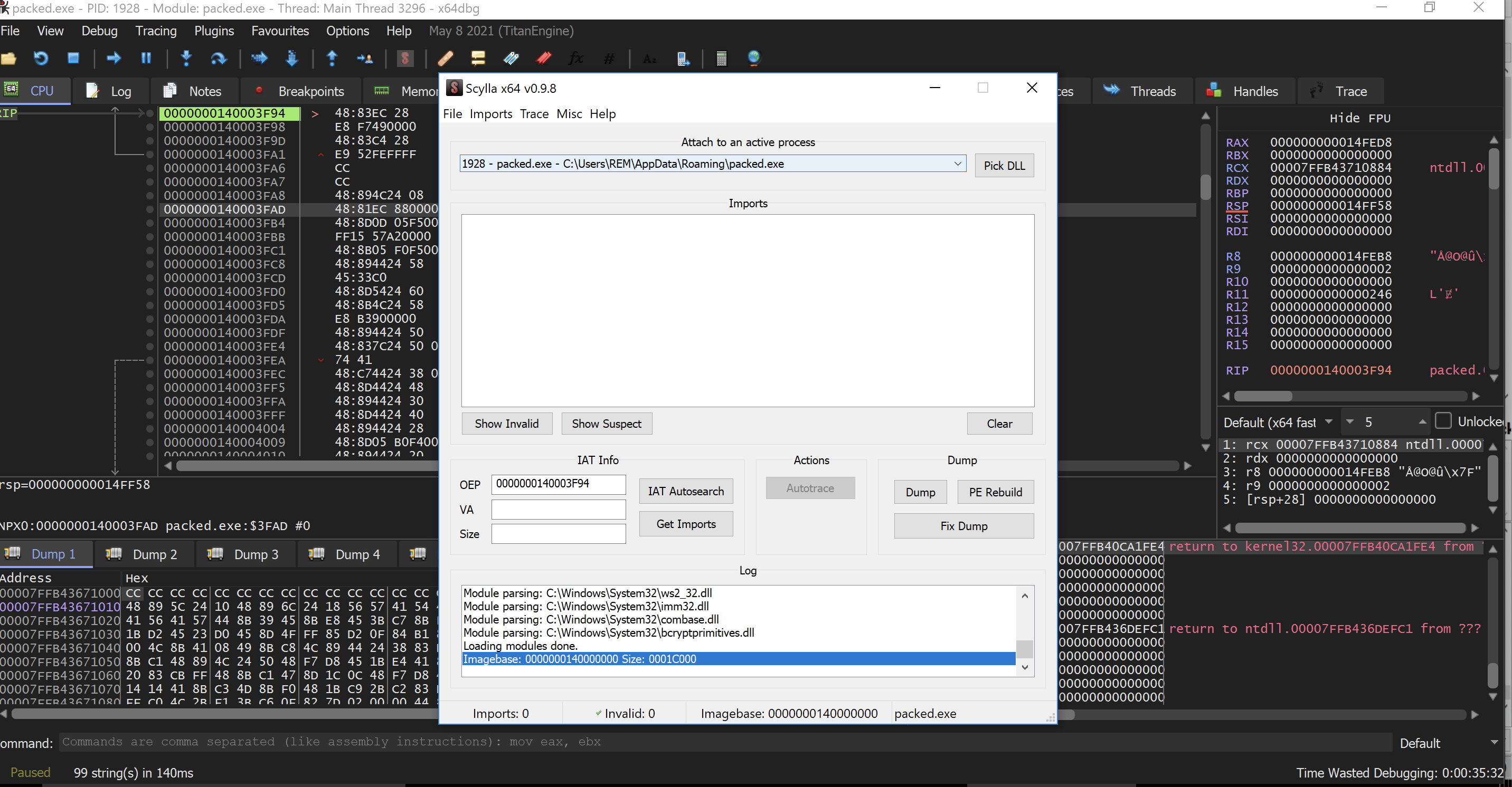 Scylla Plugin automatically attached the program we are debugging.