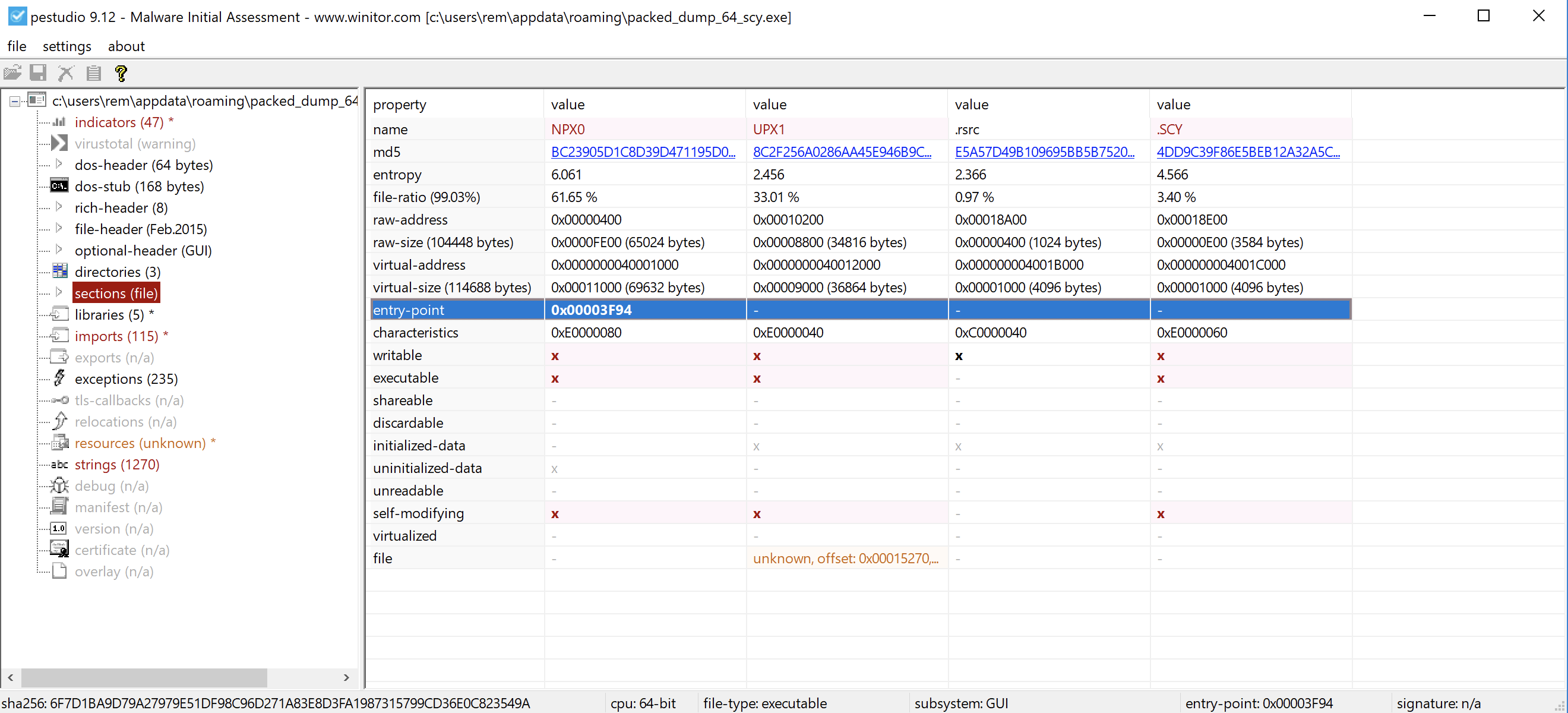 Pe studio - entry point of the **`packed_dump_64_SCY.exe`**  is 0x00003F94