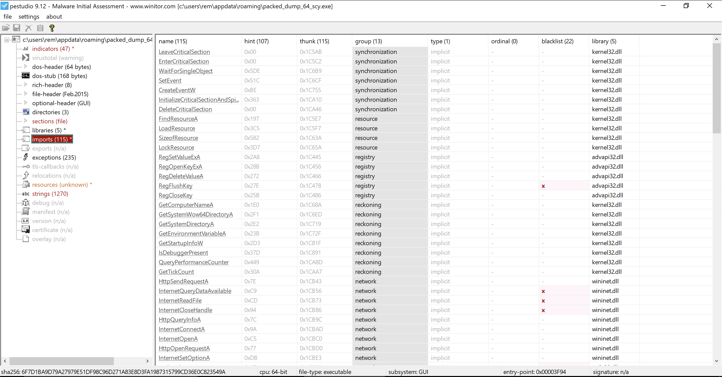 PE studio - Imports showing 115 counts.