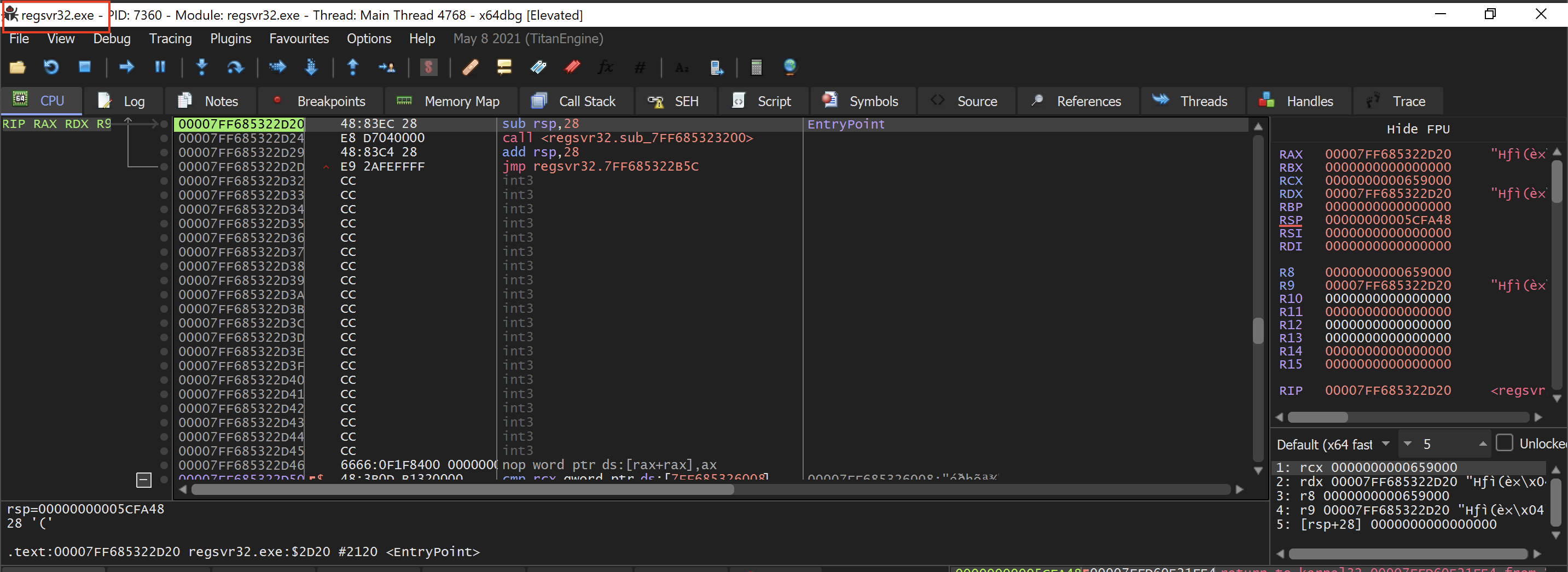 opened regsvr32.exe in x64dbg.