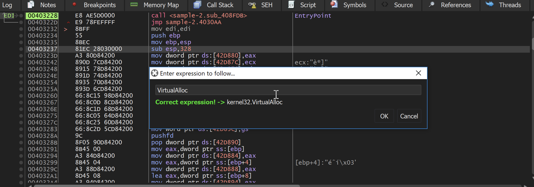 jumping to VirtualAlloc