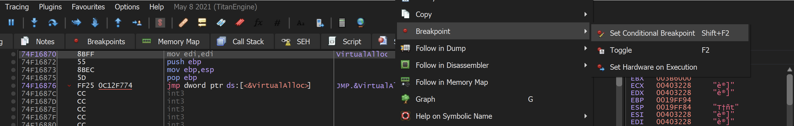 right click → breakpoint → set conditional breakpoint.