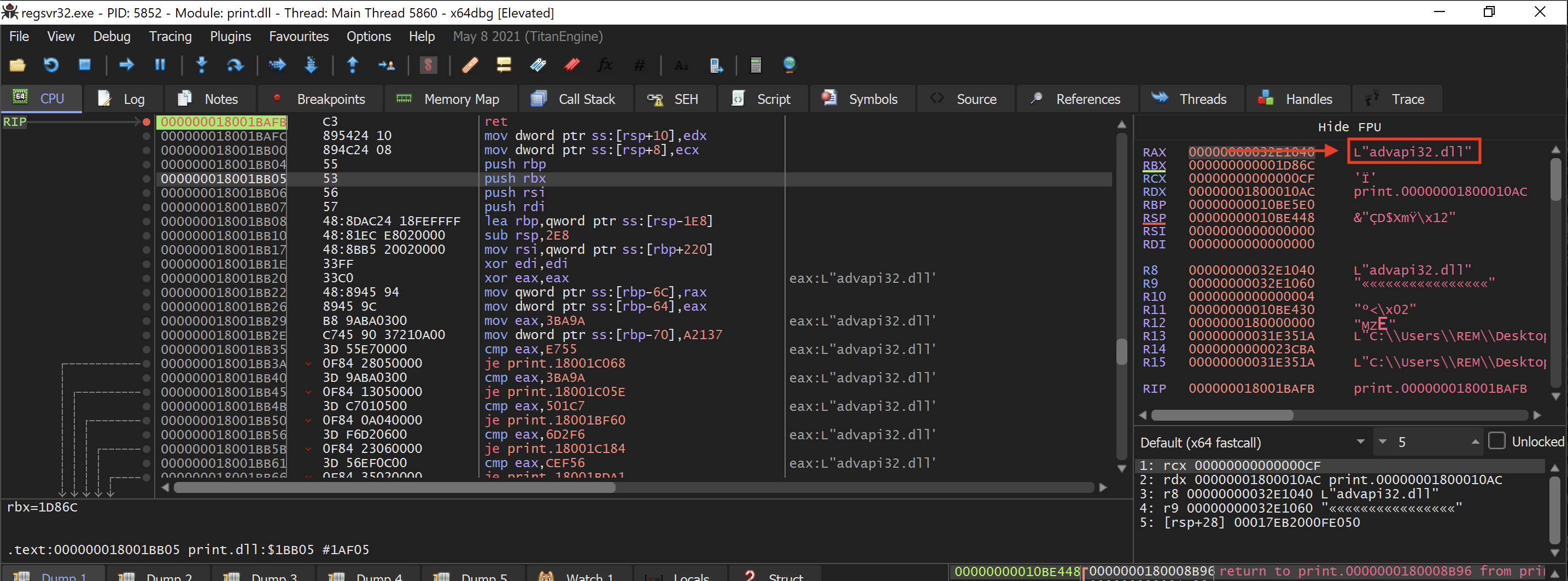 RAX refers to a string advapi32.dll