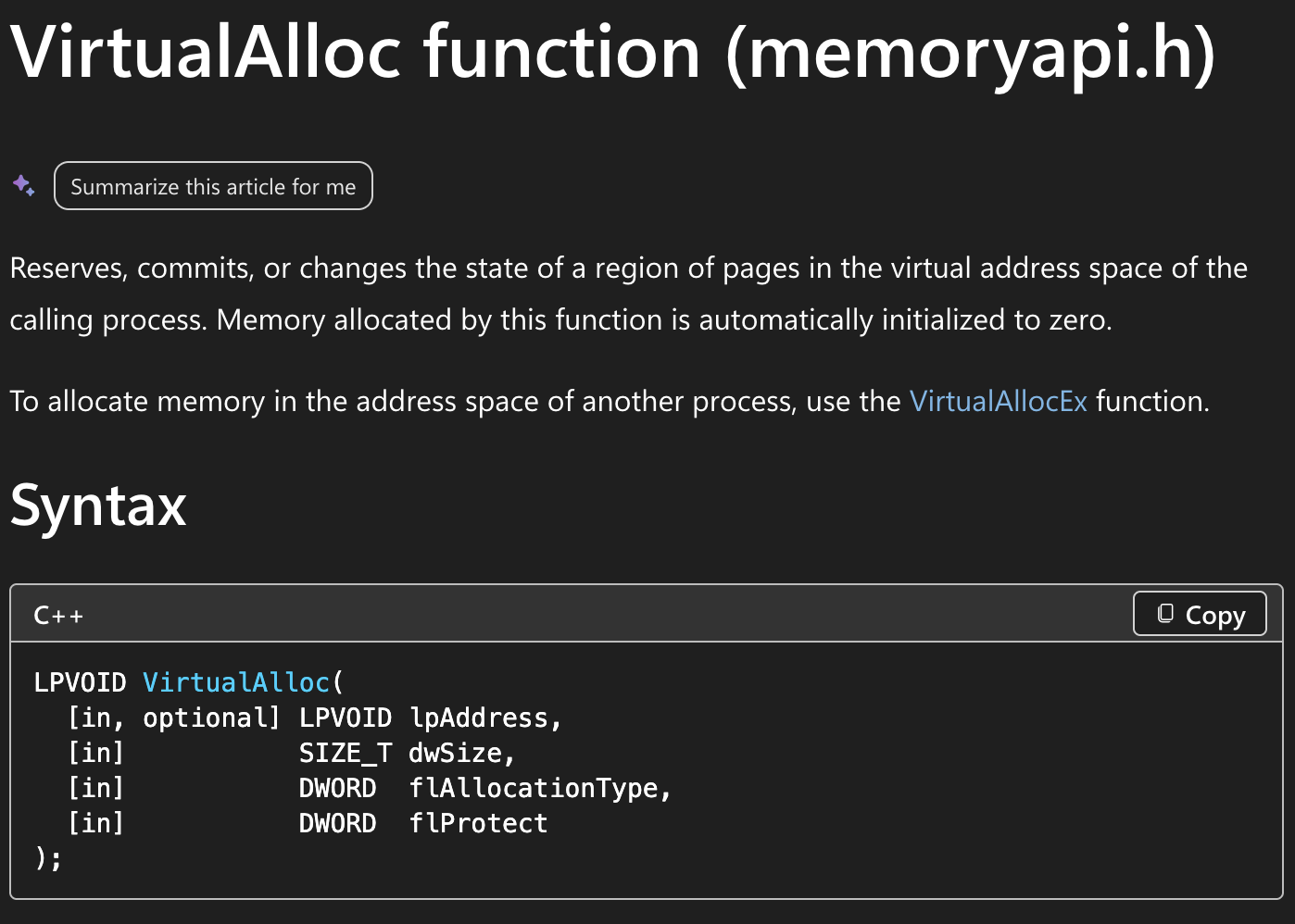 MSDN - VirtualAlloc