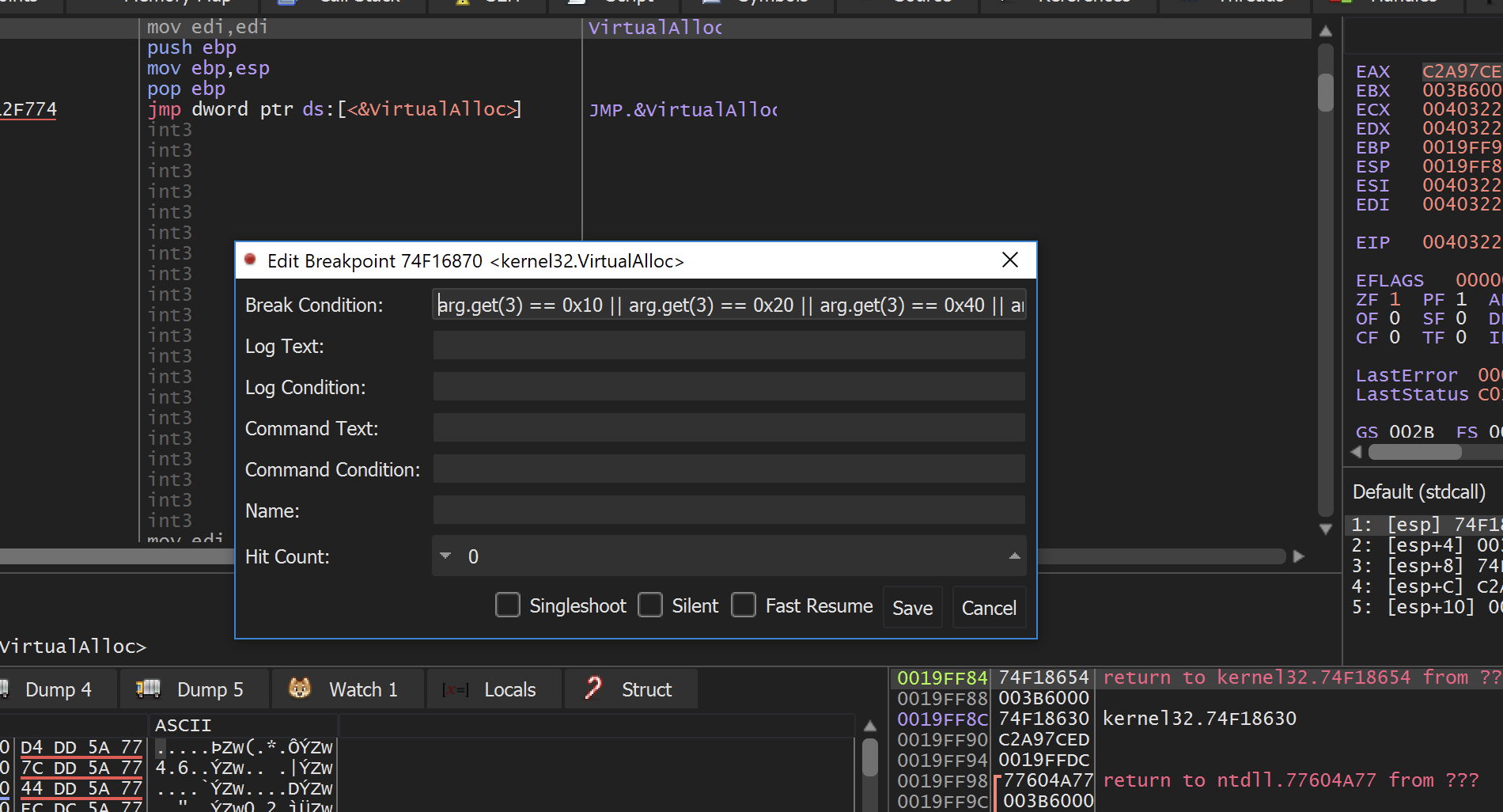 Edit breakpoint VirtualAlloc: Break condition