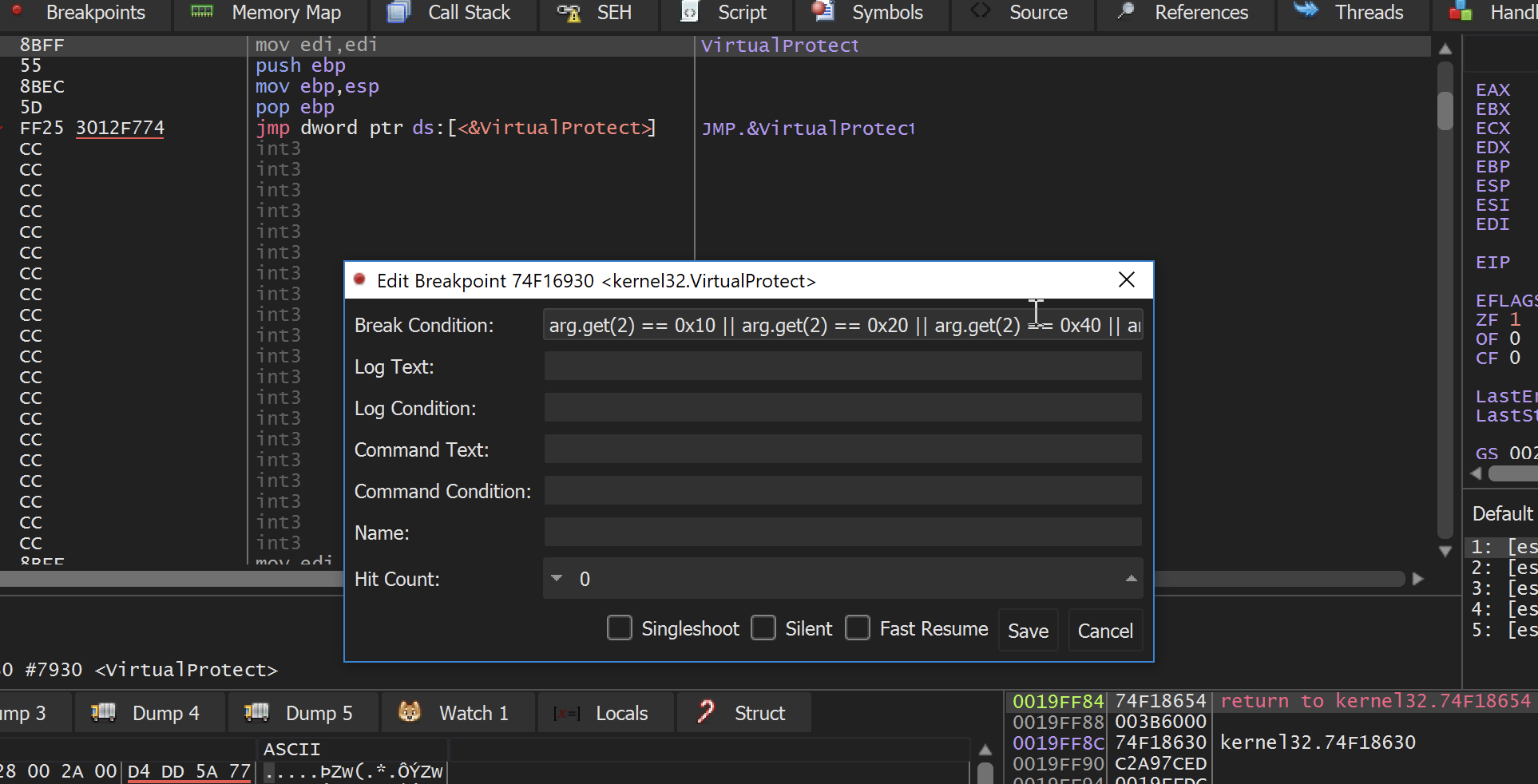 Edit breakpoint VirtualProtect: Break condition
