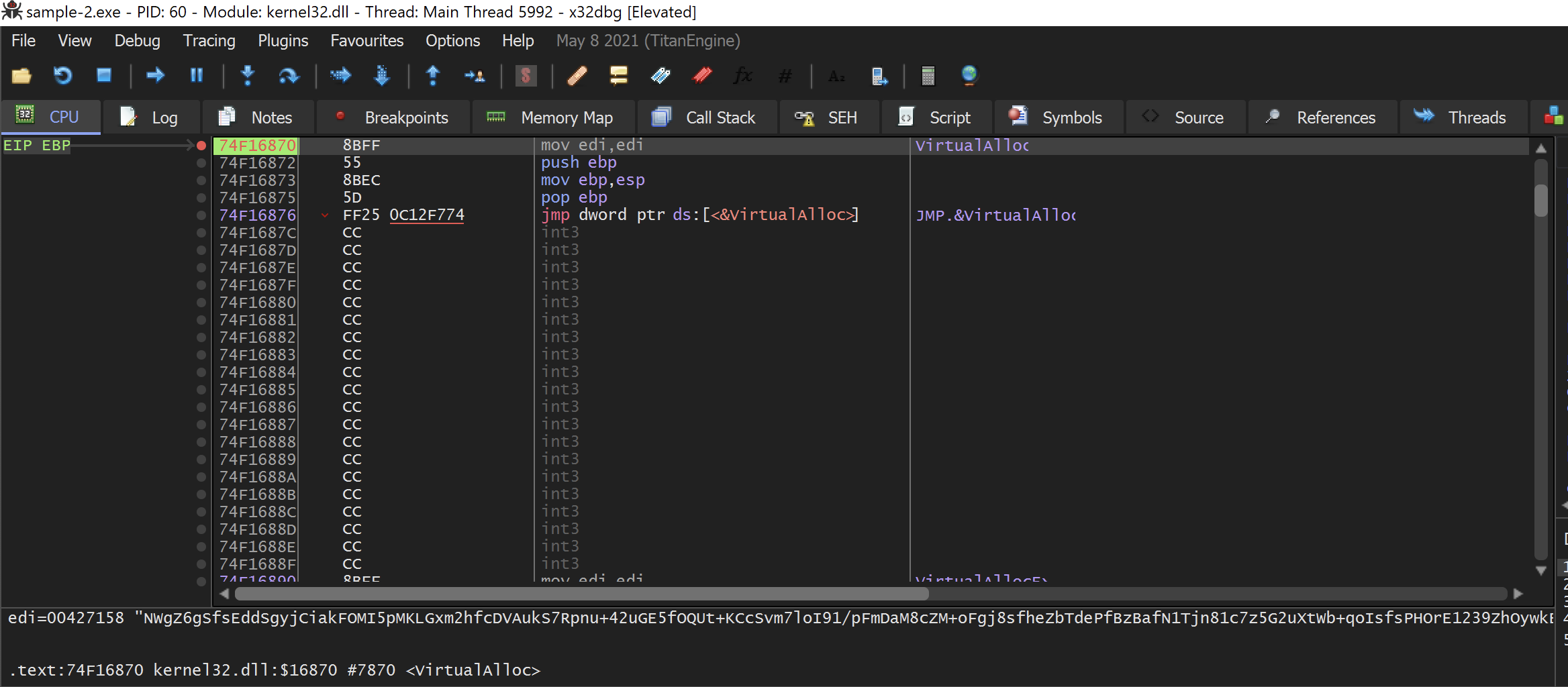VirtualAlloc conditional breakpoint