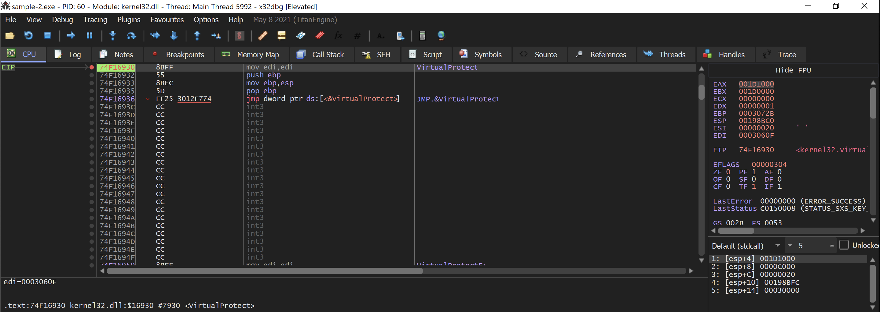 Arrived at virtualProtect conditional breakpoint