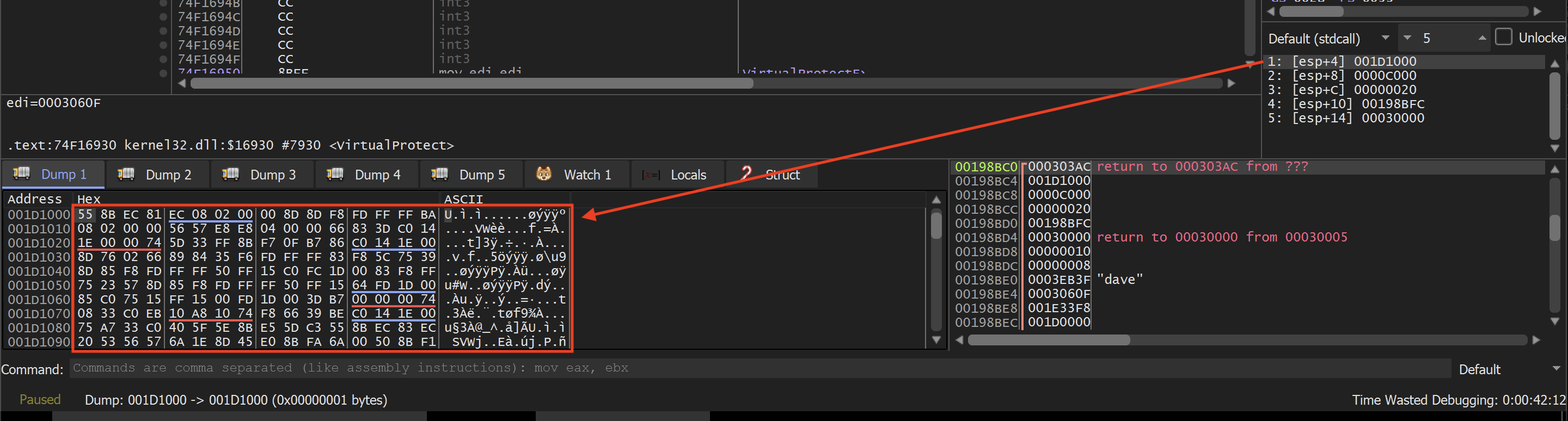 Following 1st argument of VIrtualProtect in dump.
